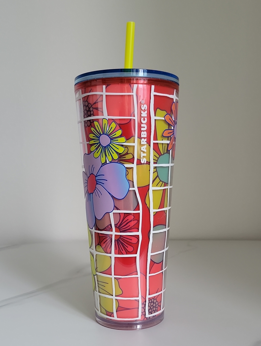 New Starbucks Red Floral Mosaic Cold Cup with Blue Lid and Yellow Straw